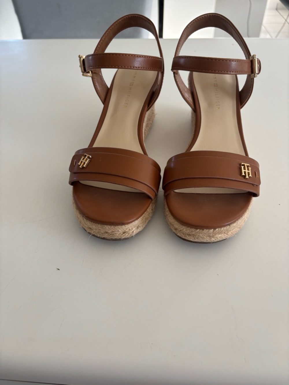 Tommy Hilfiger Chestnut Brown Leather Espadrille Wedge Sandals